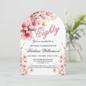 Rosa Blumenarche Elegance 80. Geburtstagsparty Einladung (Stehend Vorderseite)