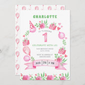 Rosa Blumenballons 1. Geburtstagseinladung Einladung (Vorne/Hinten)