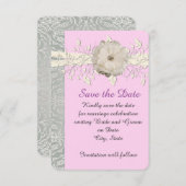 Rosa Blumenband SilberDamast Save the Date (Vorne/Hinten)