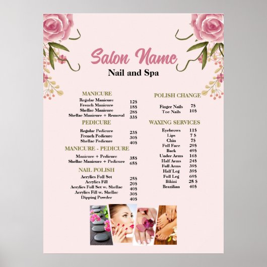 Rosa Blumenbeauty Nail Salon Preisliste Poster (Vorne)