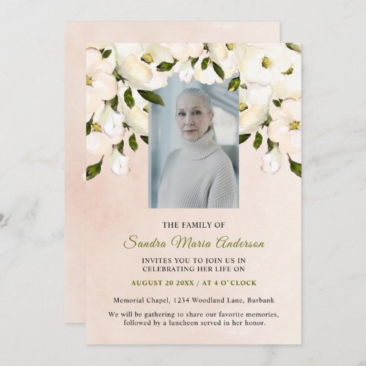 Rosa Blumenbeerdigung Foto Feierlichkeiten Dankeskarte (Vorne/Hinten)