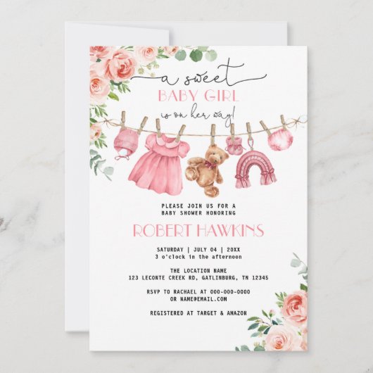 Rosa Blumenbekleidung Mädchen Kinderdusche Einladu Einladung (Vorderseite)