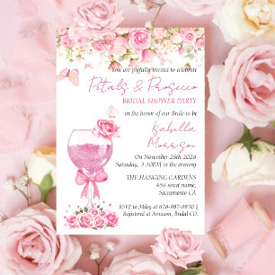 Rosa Blumenblätter und Prosecco-Brautparty Einladung