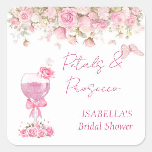 Rosa Blumenblätter und Prosecco-Brautparty Quadratischer Aufkleber