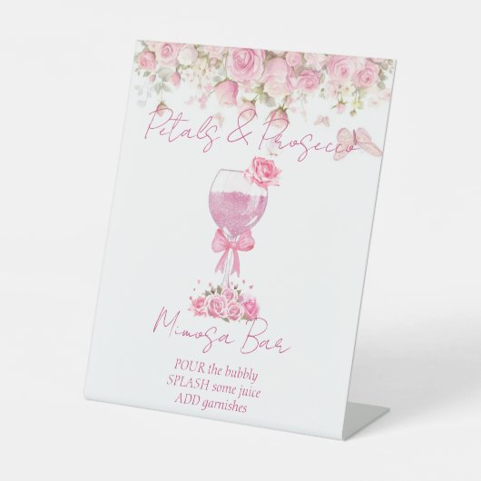 Rosa Blumenblätter und Prosecco-Brautparty Sockelschild (Vorderseite)