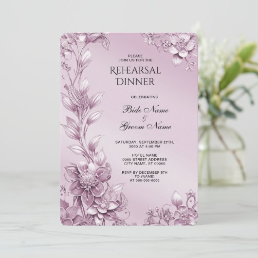 Rosa Blumenblätterdinner Probe Einladung (Stehend Vorderseite)