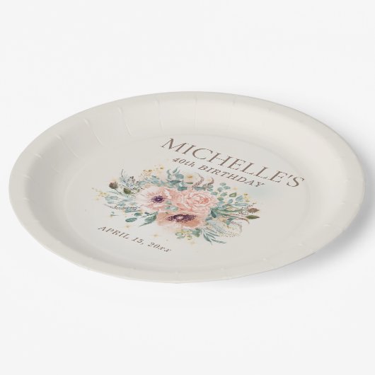 Rosa Blumenblätterung Glitzer 40. Geburtstag Pappteller (Schrägansicht)