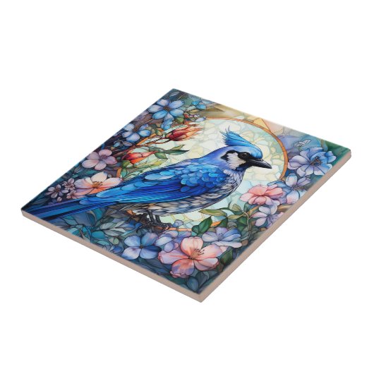 Rosa Blumenblauer Jay-Bird-Gläser Fliese (Seite)