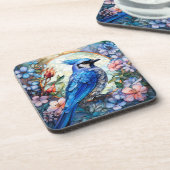 Rosa Blumenblauer Jay-Bird-Gläser Getränkeuntersetzer (Linke Seite)