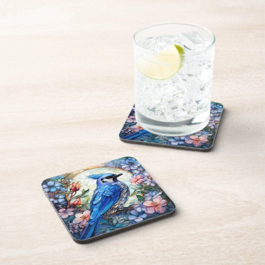 Rosa Blumenblauer Jay-Bird-Gläser Getränkeuntersetzer (Rechte Seite)
