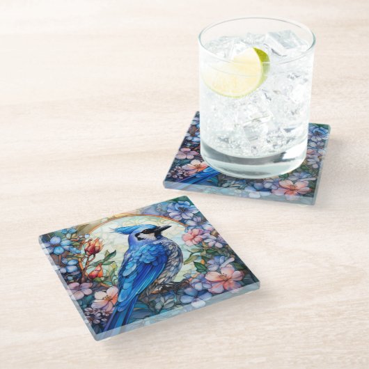 Rosa Blumenblauer Jay-Bird-Gläser Glasuntersetzer (Schrägansicht)
