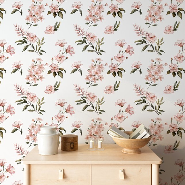 Rosa Blumenblüten Wasserfarben Botanischer Garten Tapete (Pink Floral Blossoms Watercolor Botanical Garden Wallpaper)