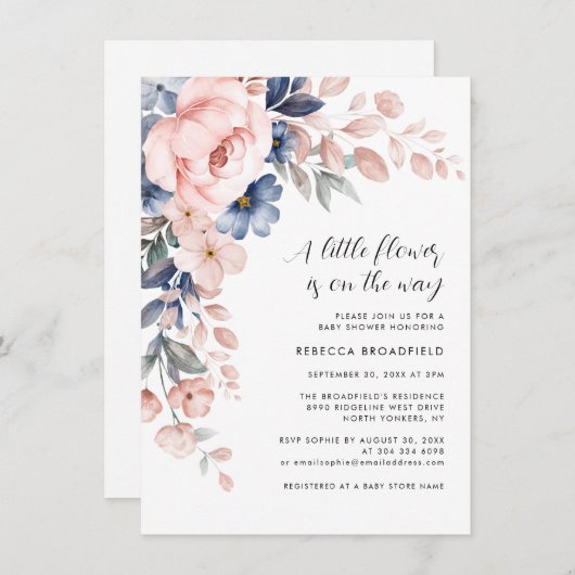 Rosa Blumenblütendusche Einladung (Vorne/Hinten)