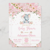 Rosa Blumenblütendusche Niedlich Elephant Girl Bab Einladung (Vorne/Hinten)