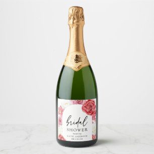 Rosa Blumenbogen Sommer Brautparty Schaumweinetikett