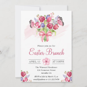 Rosa Blumenbouquet und Schmetterlinge Osterbrunch Einladung