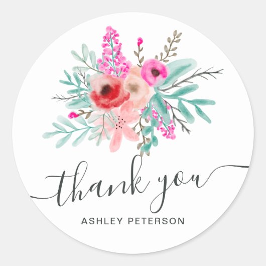 Rosa Blumenbraun mit Aquarellbouquet Trendy Danke Runder Aufkleber (Vorderseite)