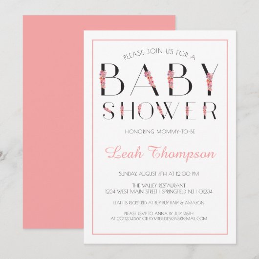 Rosa Blumenbriefe Kinderdusche Einladung (Vorne/Hinten)