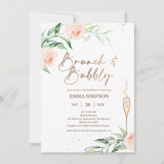 Rosa Blumenbrunch Bubble Brautparty Einladung (Vorderseite)