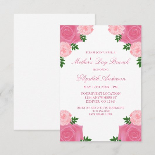 Rosa Blumenbrunch Einladung (Vorne/Hinten)