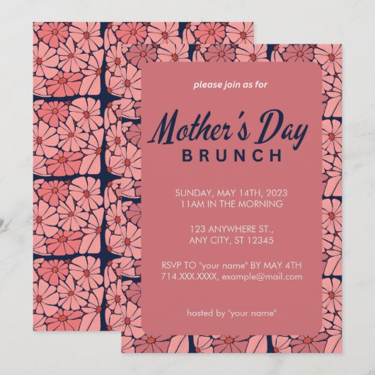 Rosa Blumenbrunch Einladung zum Muttertag (Vorne/Hinten)