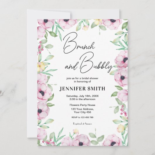 Rosa Blumenbrunch und Bubbly-Brautparty Einladung (Vorderseite)