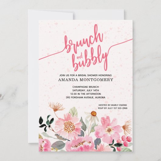 Rosa Blumenbrunch und Bubbly-Brautparty Einladung (Vorderseite)