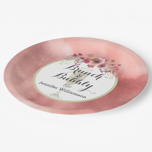 Rosa BlumenBrunch und sprudelnder Polterabend Pappteller (Schrägansicht)