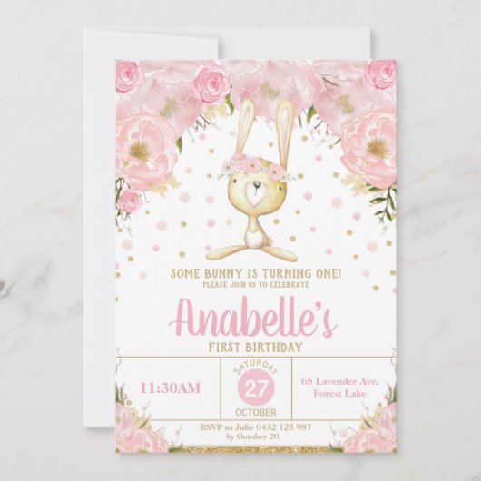 Rosa Blumenbunny 1. Geburtstag Einladung Mädchen (Vorderseite)