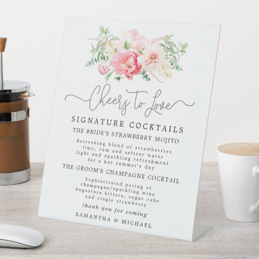 Rosa Blumencocktails Hochzeit Bar Zeichen Sockelschild (In Situ)