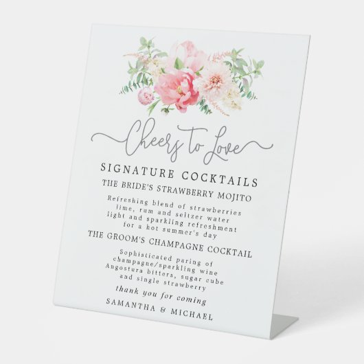 Rosa Blumencocktails Hochzeit Bar Zeichen Sockelschild (Vorderseite)