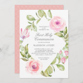 Rosa Blumendiamant-erste heilige Kommunion Einladung (Vorne/Hinten)