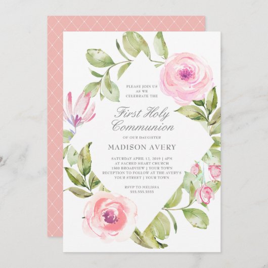 Rosa Blumendiamant-erste heilige Kommunion Einladung (Vorne/Hinten)