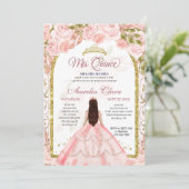 Rosa Blumendruckerei Foto Quinceanera Einladung (Stehend Vorderseite)