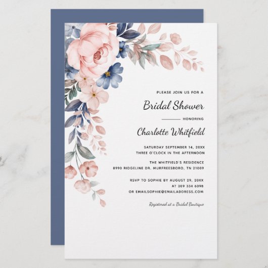 Rosa Blumendusche Botanische Bridale Einladung (Vorne/Hinten)