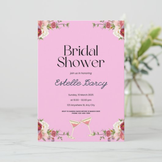 Rosa Blumendusche Einladung (Stehend Vorderseite)