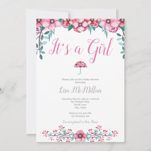 Rosa Blumendusche Einladung (Vorderseite)