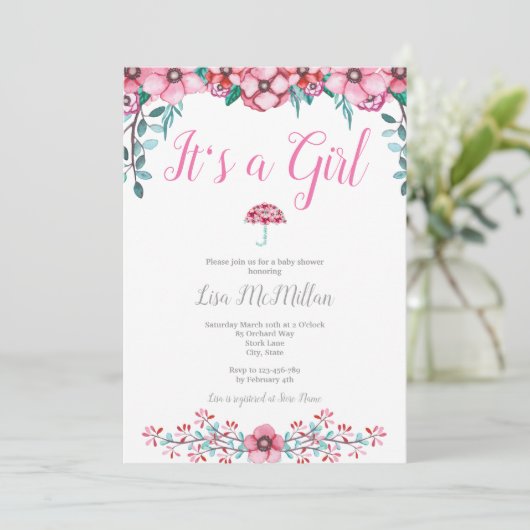 Rosa Blumendusche Einladung (Stehend Vorderseite)