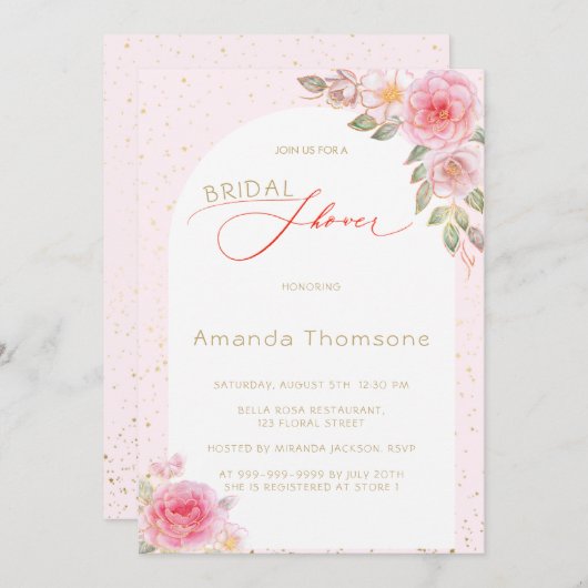 Rosa Blumendusche Gold Bridal Einladung (Vorne/Hinten)