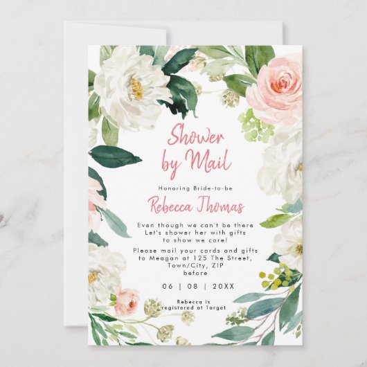 Rosa Blumendusche per Post nach Brautparty Einladung (Vorderseite)