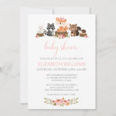 Rosa Blumendusche Waldtiere Einladung (Vorderseite)