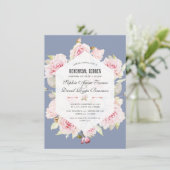 Rosa Blumendusty Blaue geometrische Probe Abendess Einladung (Stehend Vorderseite)