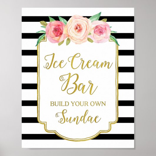 Rosa Blumeneis Bar signieren Goldschwarze Streifen Poster (Vorne)