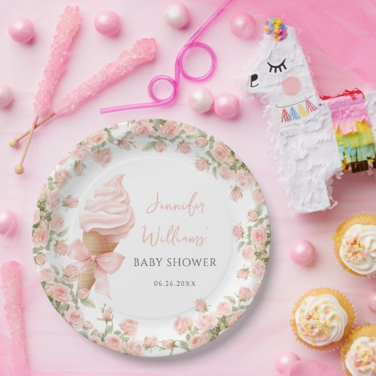 Rosa Blumeneis Creme Summer Baby Dusche Pappteller (Party)