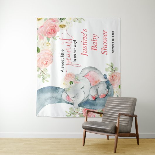 Rosa Blumenelefone Babydusche Hintergrund-Schild Wandteppich (Beispiel)