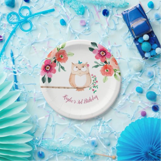 Rosa Blumeneulen-Geburtstag Pappteller (Party)