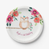 Rosa Blumeneulen-Geburtstag Pappteller (Vorderseite)