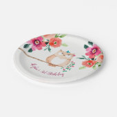 Rosa Blumeneulen-Geburtstag Pappteller (Schrägansicht)
