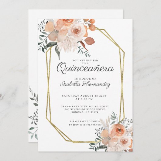 Rosa Blumenfarbe Gold Rahmen Quinceanera Einladung (Vorne/Hinten)