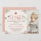 Rosa Blumenfarm Foto 1. Geburtstag Einladung (Vorne/Hinten)